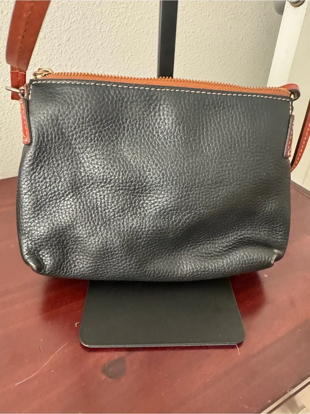 Dooney & Bourke Black Pebble Leather Crossbody with Brown Trim